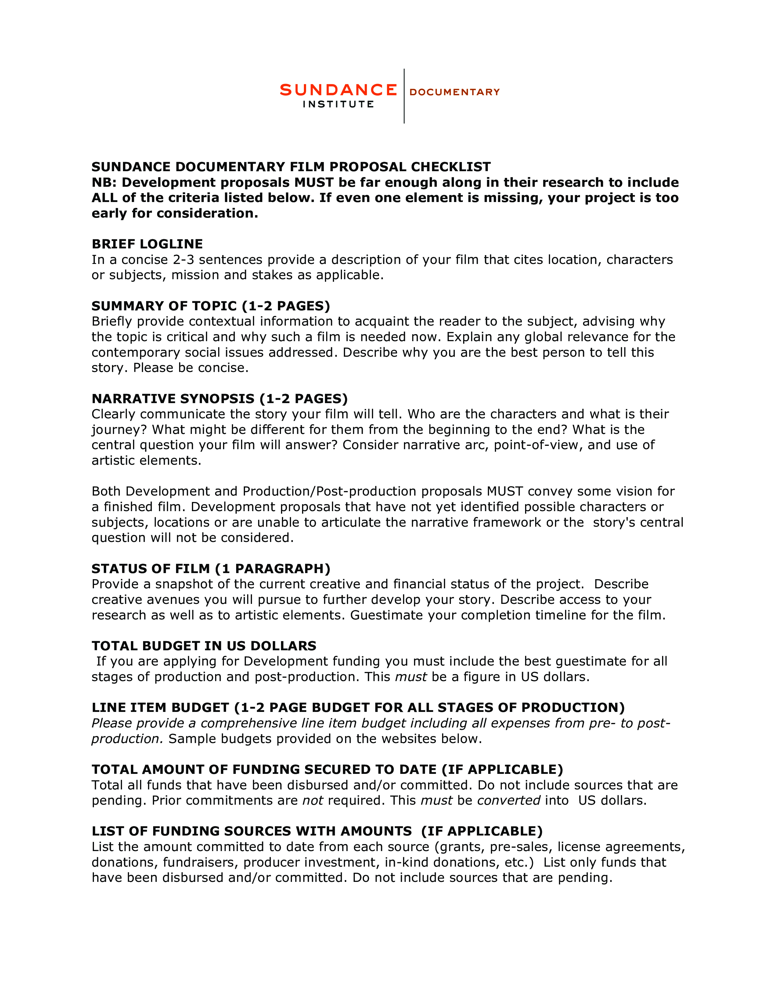 Kostenloses Fund Checklist Intended For Documentary Proposal Template