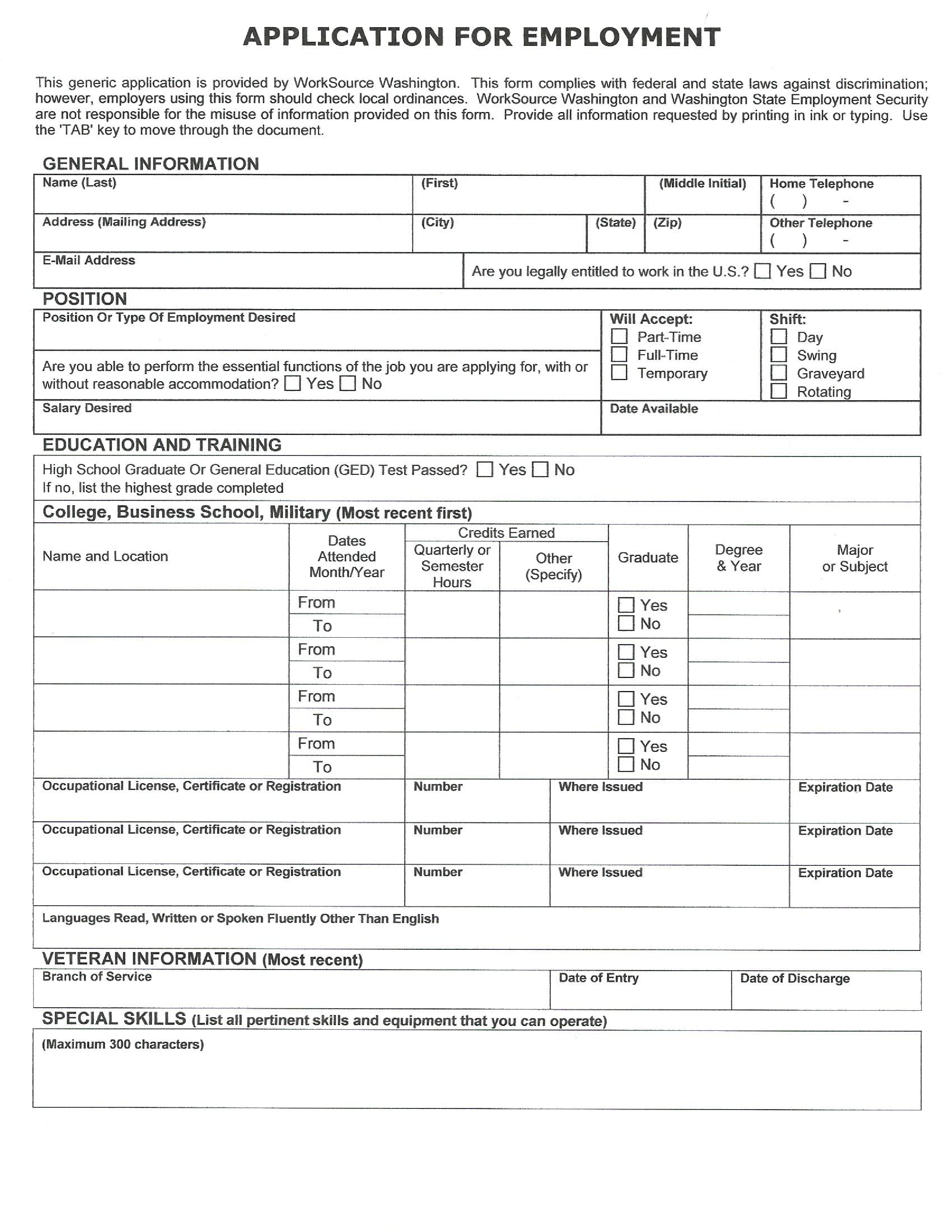 hr generic job application form template