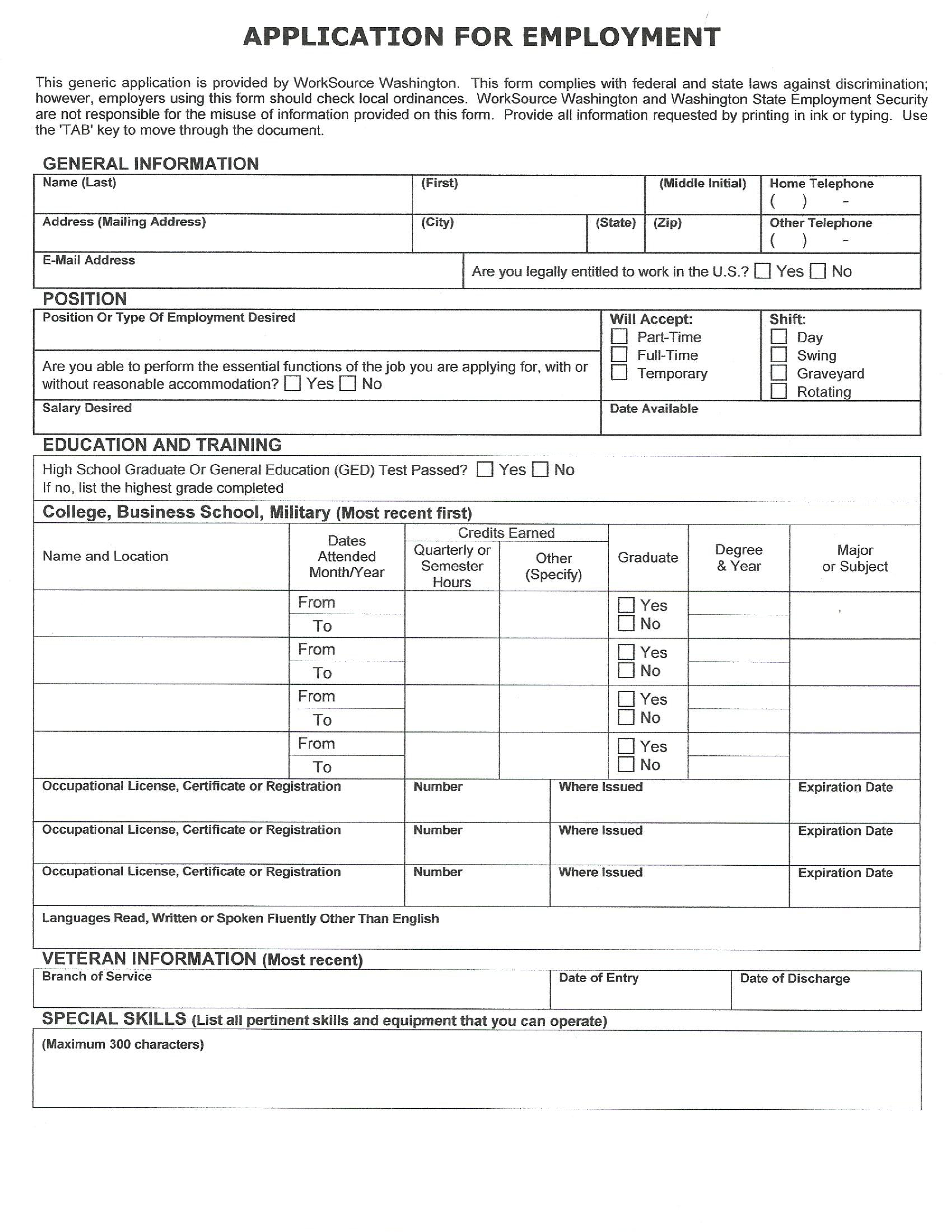 Printable Generic Application For Employment