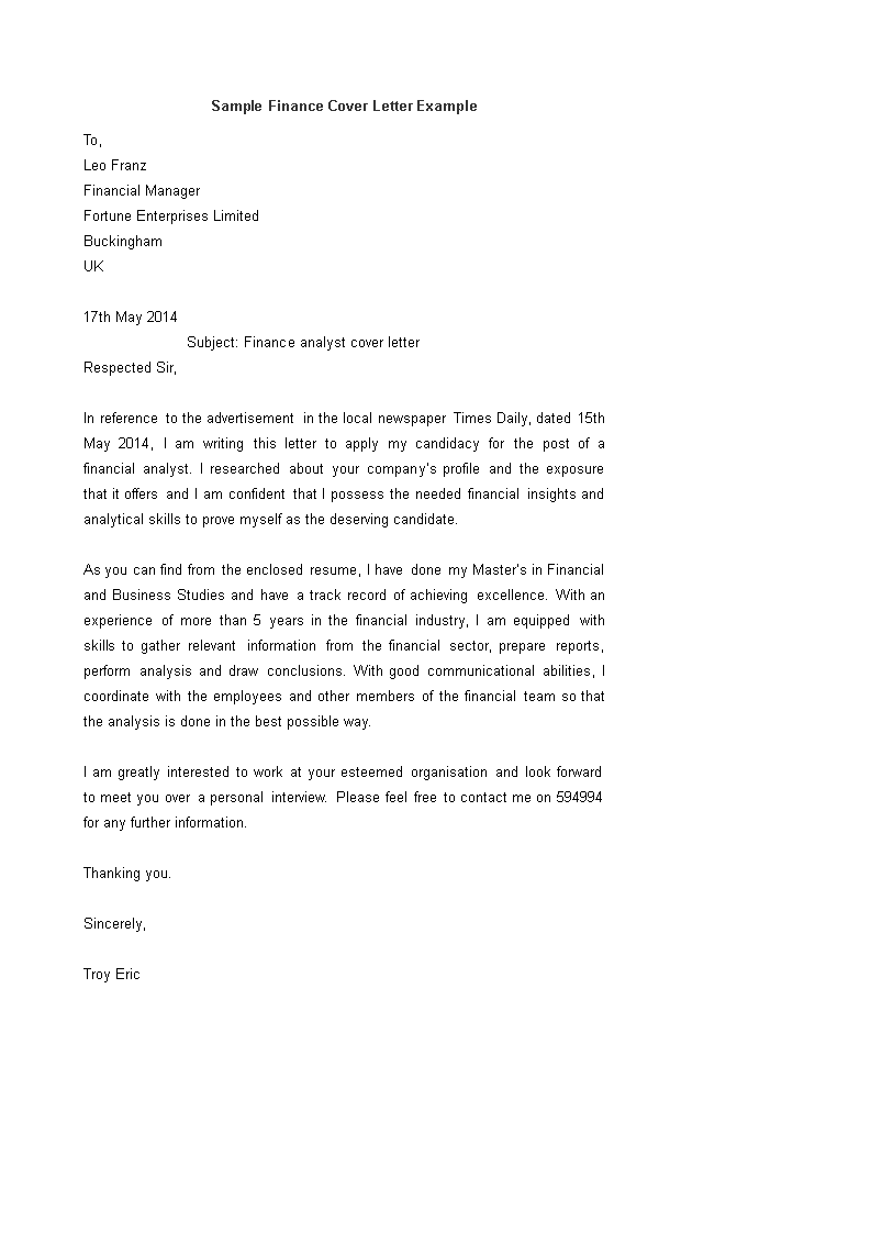 banking and finance cover letter sample
