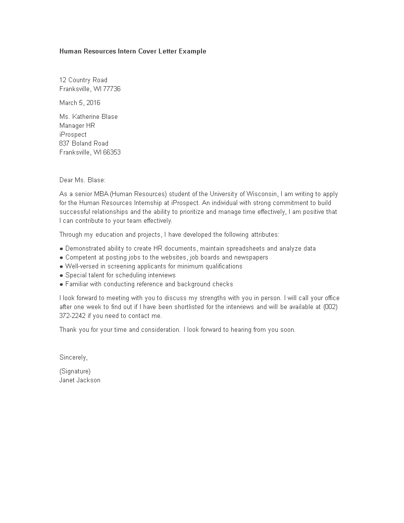 hr cover letter for internship