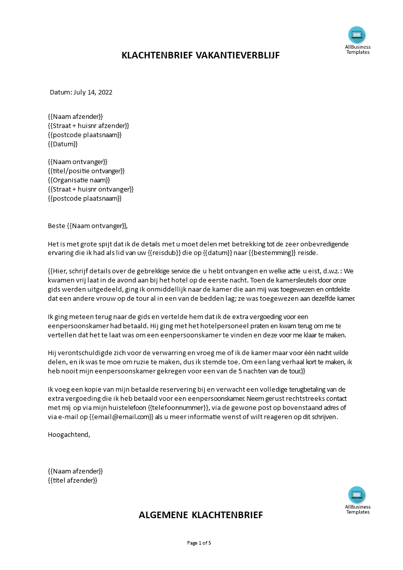 accomodatie klachtenbrief template plantilla imagen principal