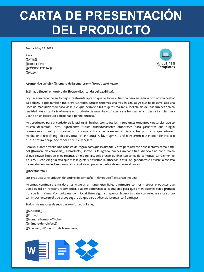 carta de presentación del producto template