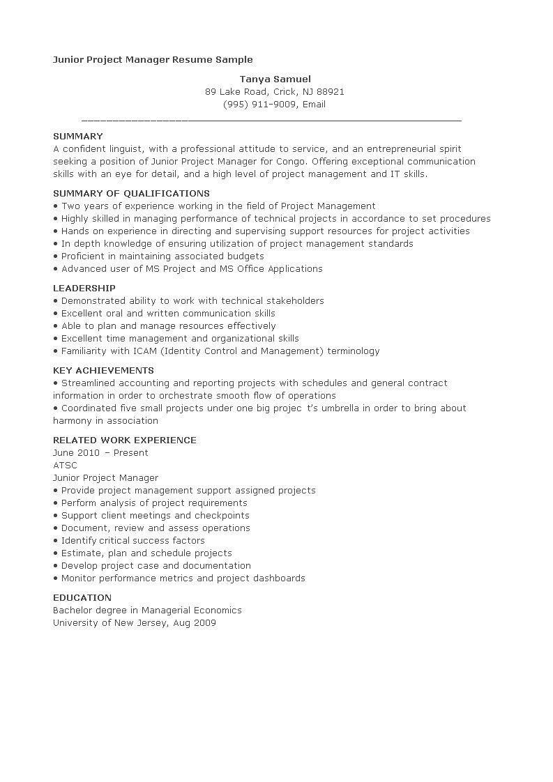 Junior Project Manager Resume Sample main image