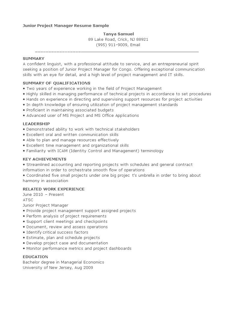 junior project manager resume sample plantilla imagen principal