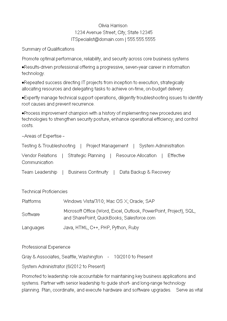 Experienced Resume Format For It Professionals main image