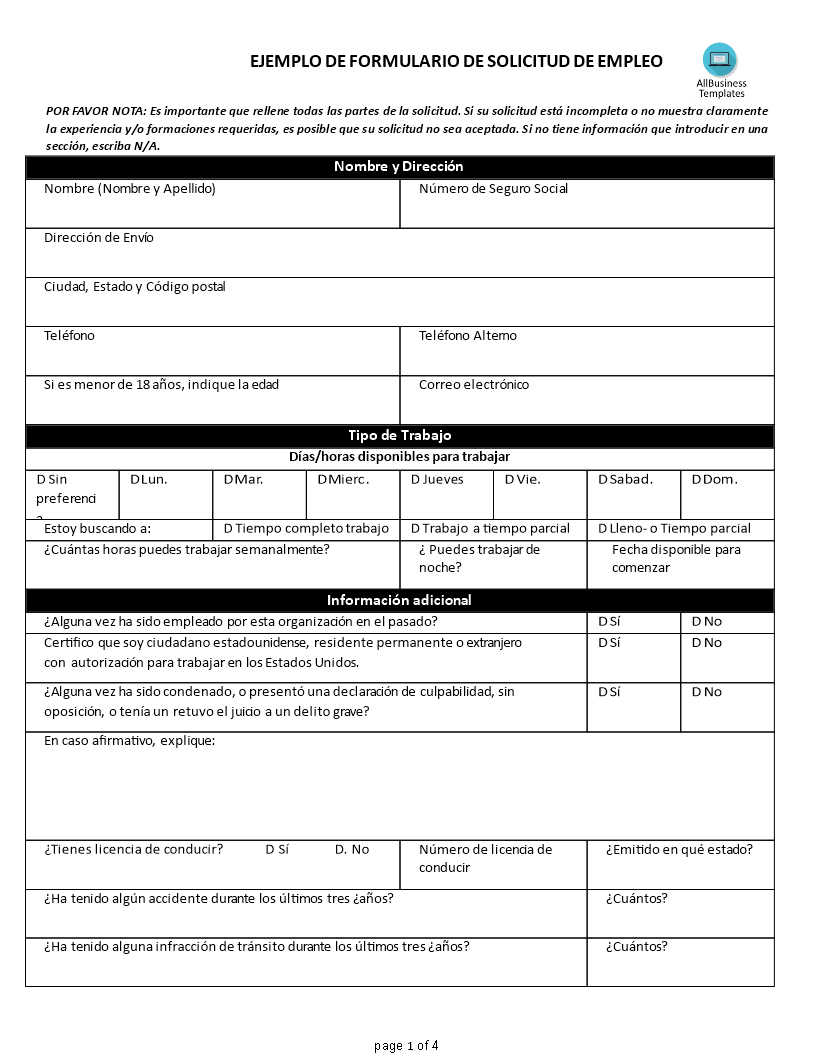 ejemplo de formulario de solicitud de empleo template