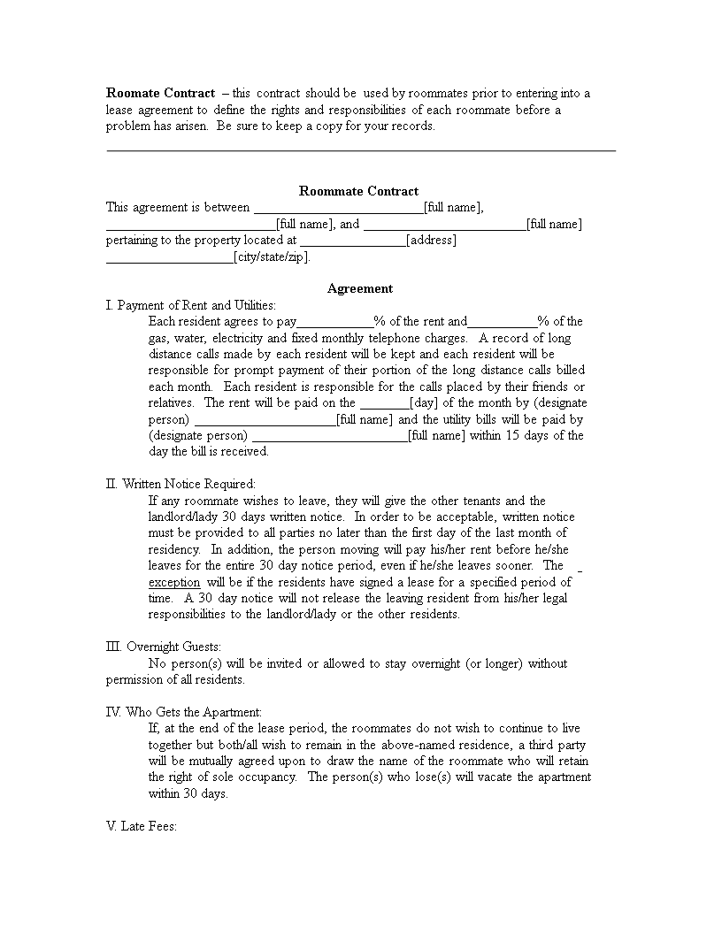 landlord roommate contract template