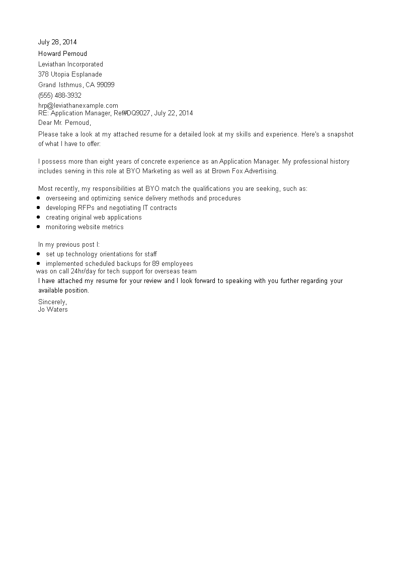 general manager job application letter template