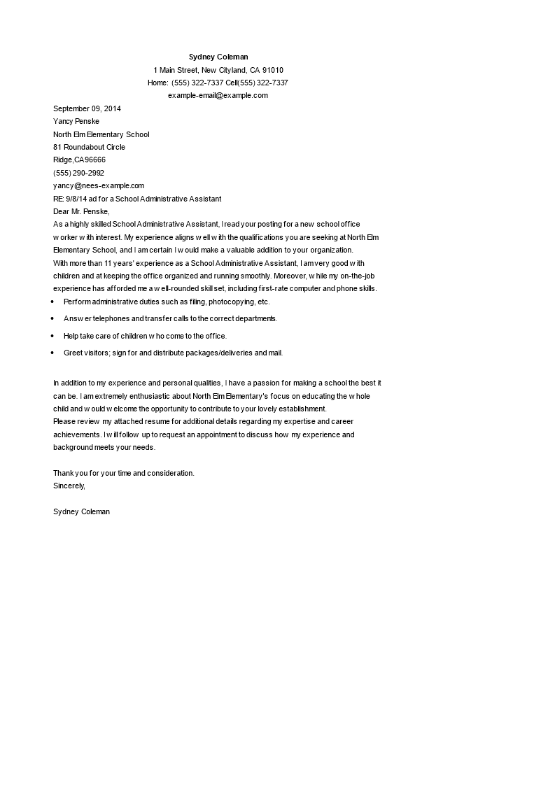 Cover Letter For School Administrative Assistant main image
