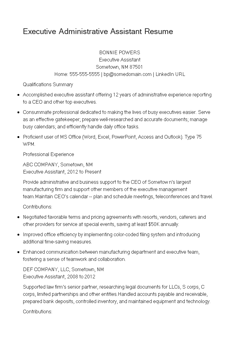 executive administrative assistant resume modèles