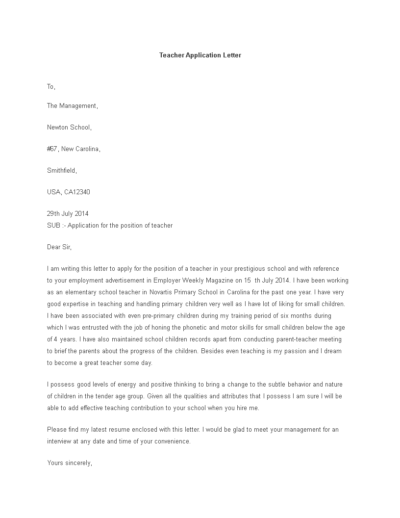 Sample Teacher Application Letter main image