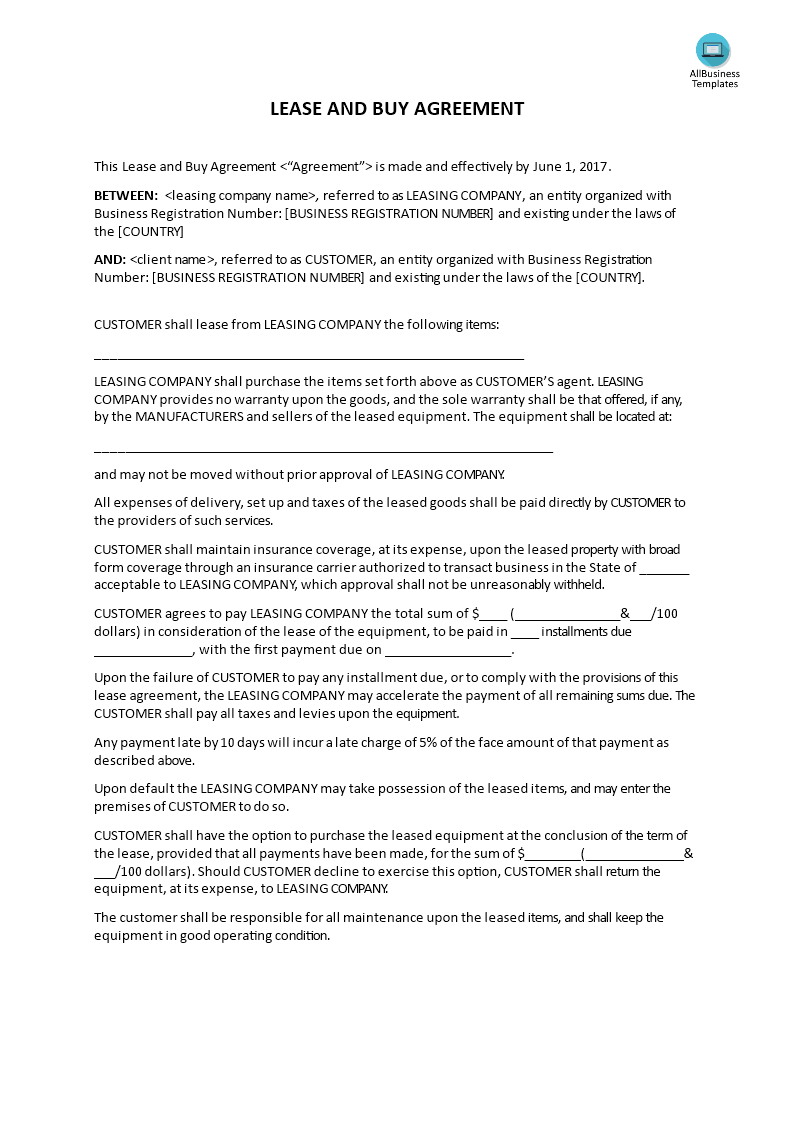 lease and buy agreement 模板