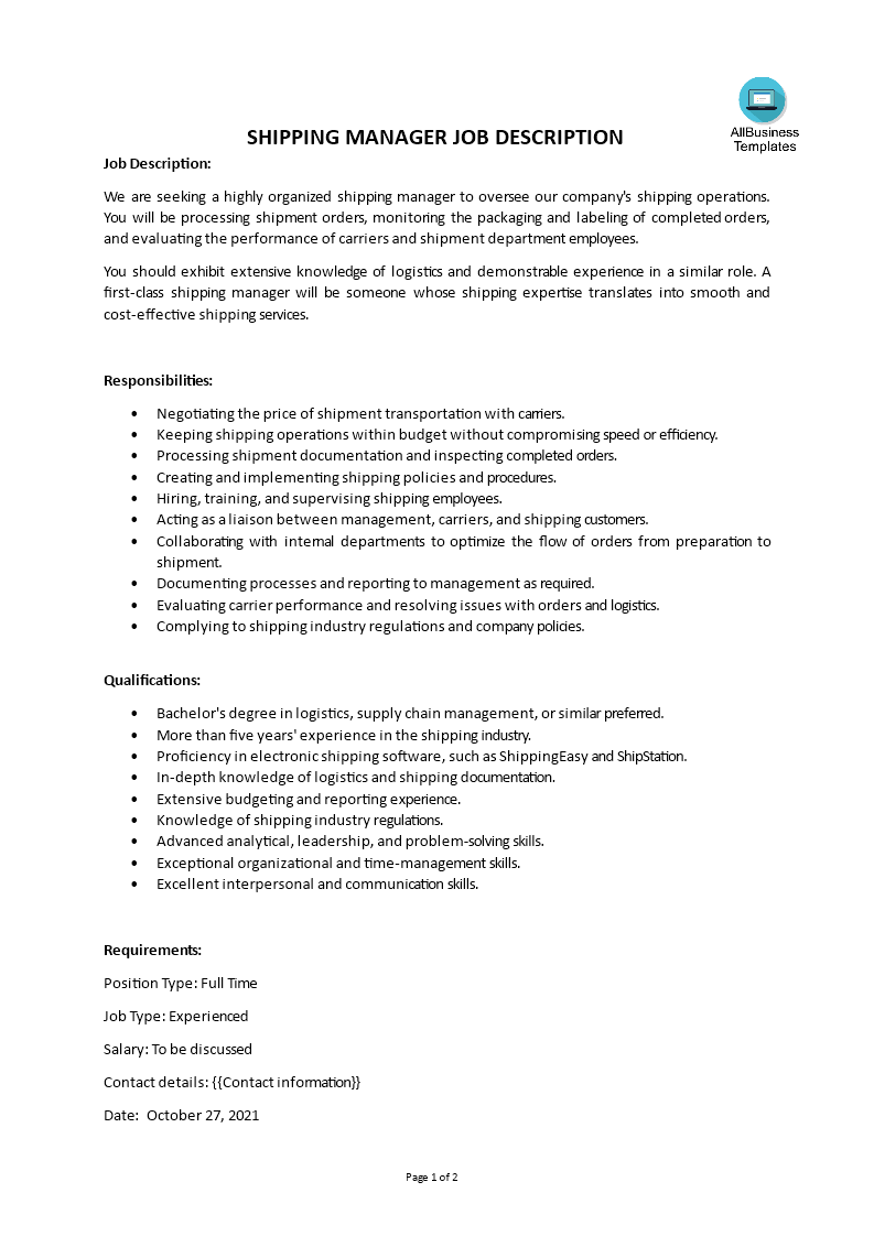 Shipping Manager Job Description main image