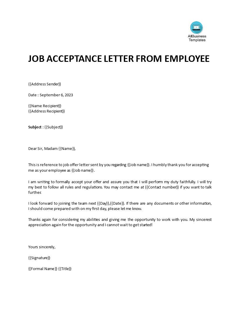 Acceptance Letter For Job Offer 模板