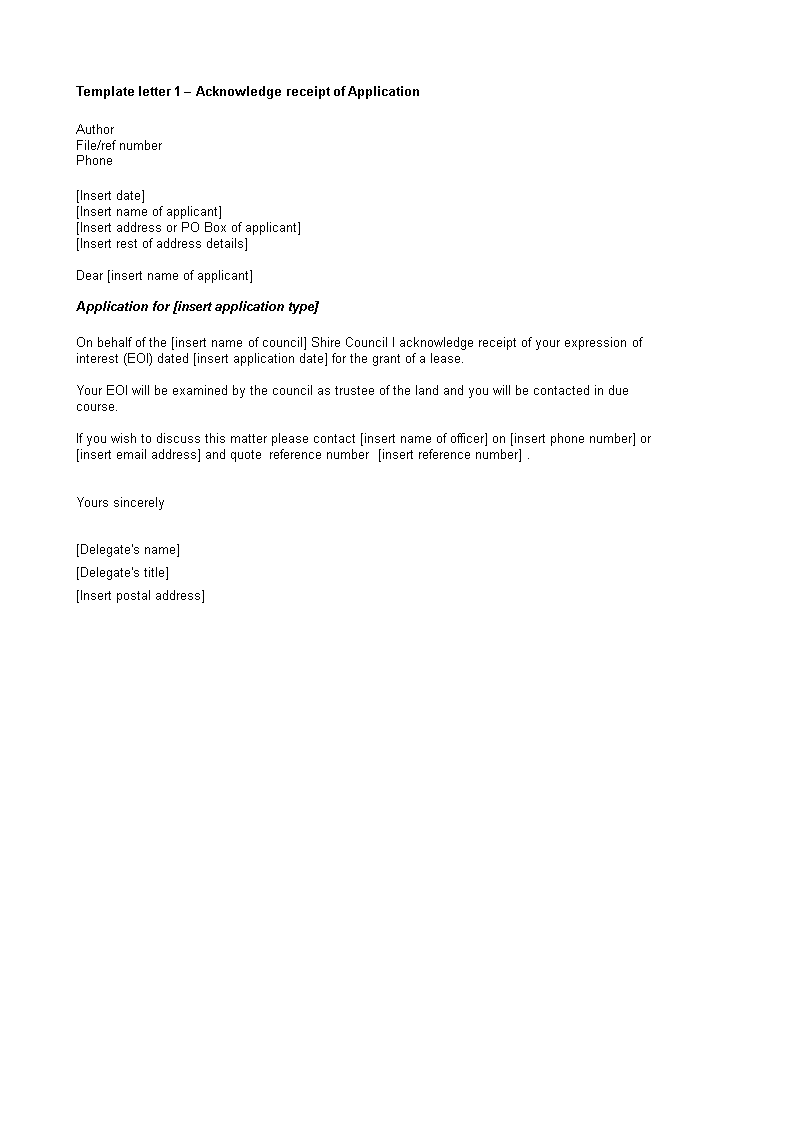 application receipt acknowledgement letter template