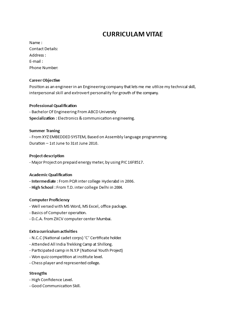 Fresher Engineering Resume Format main image