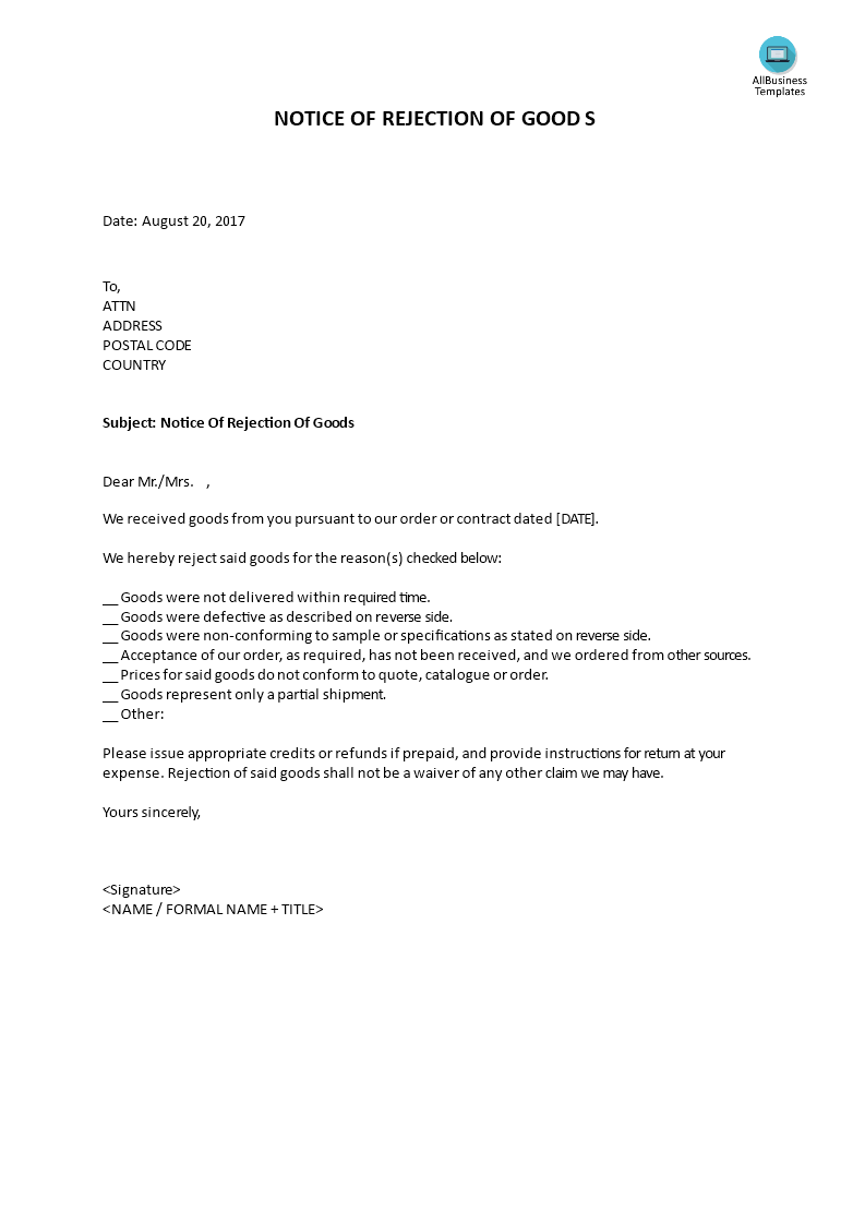 rejection of goods written notice voorbeeld afbeelding 