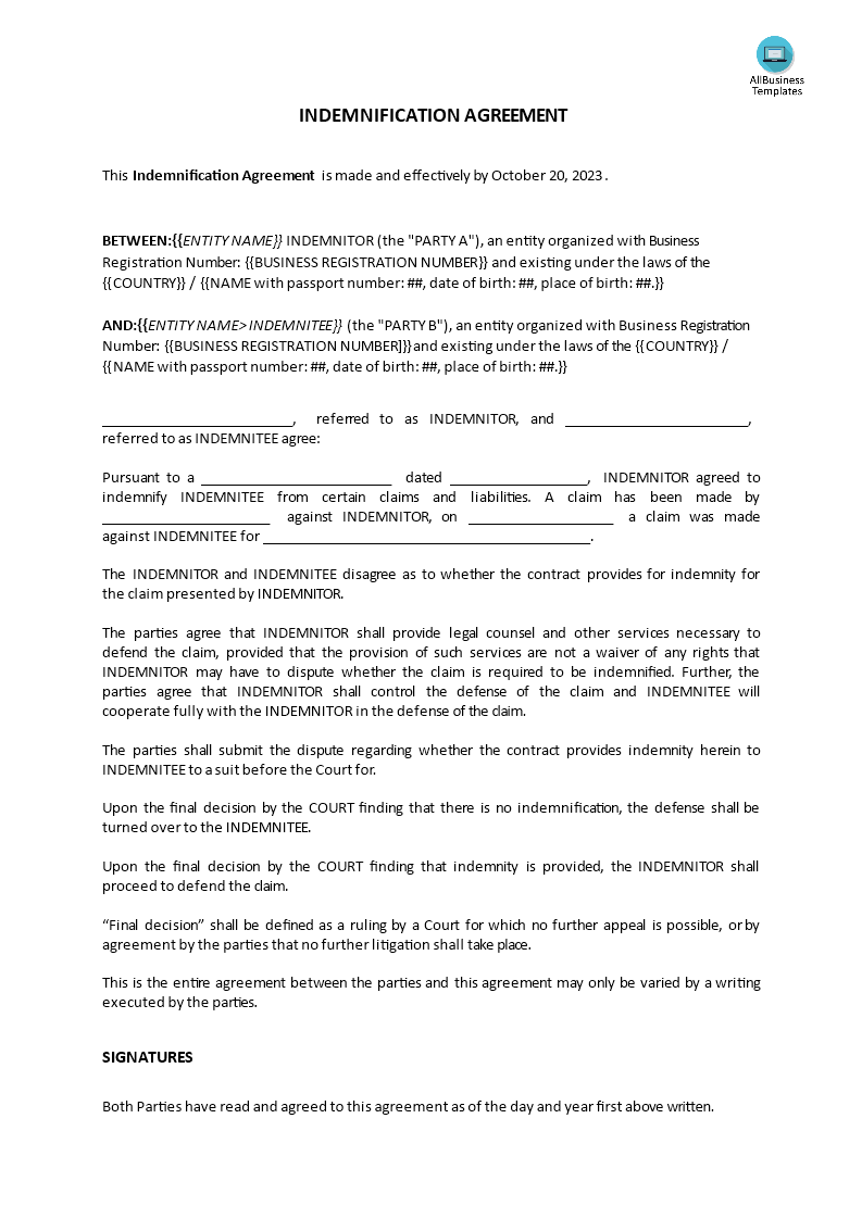indemnification agreement template