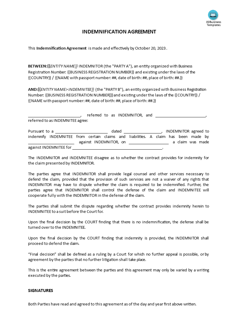 indemnification agreement modèles