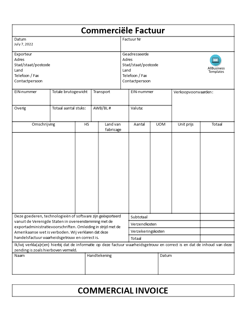 commerciële factuur voorbeeld afbeelding 