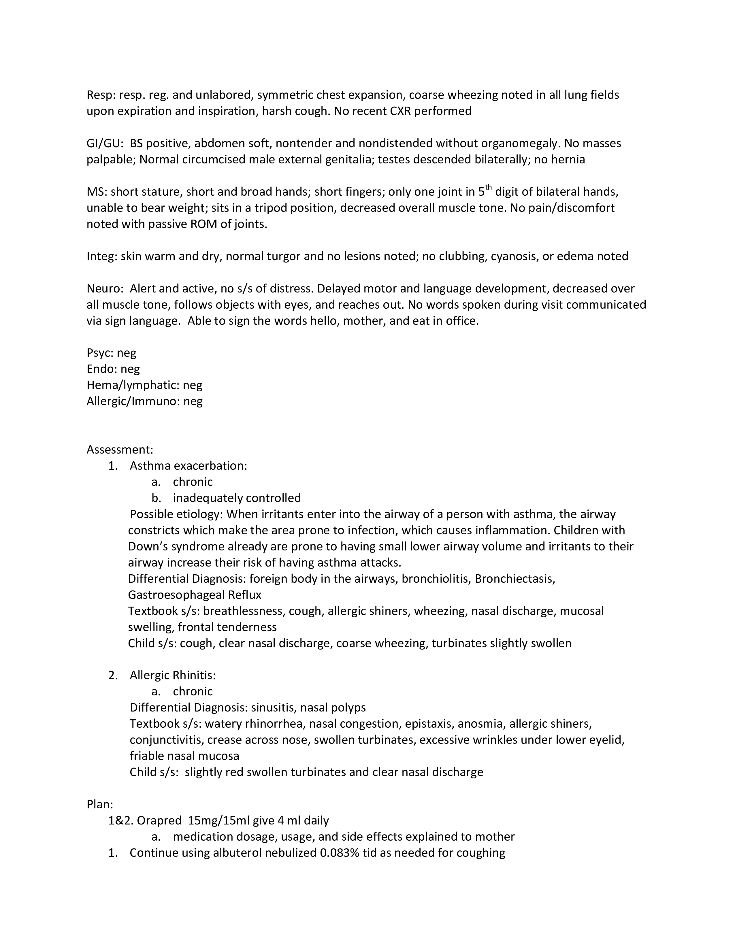 Sample Pediatric Soap Note