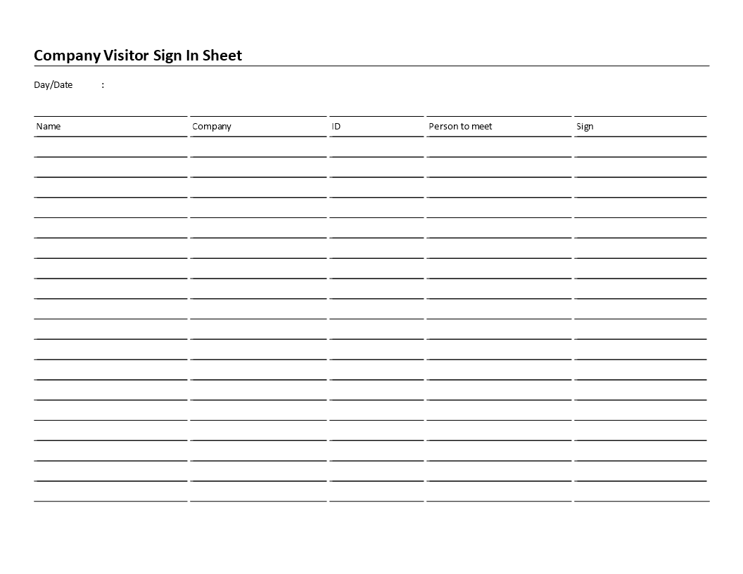 company visitor sign in sheet template Hauptschablonenbild