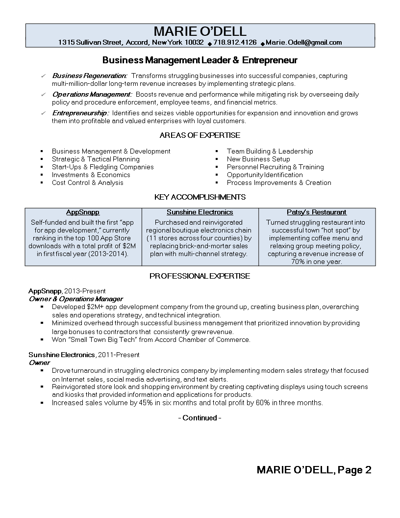 business owner resume modèles