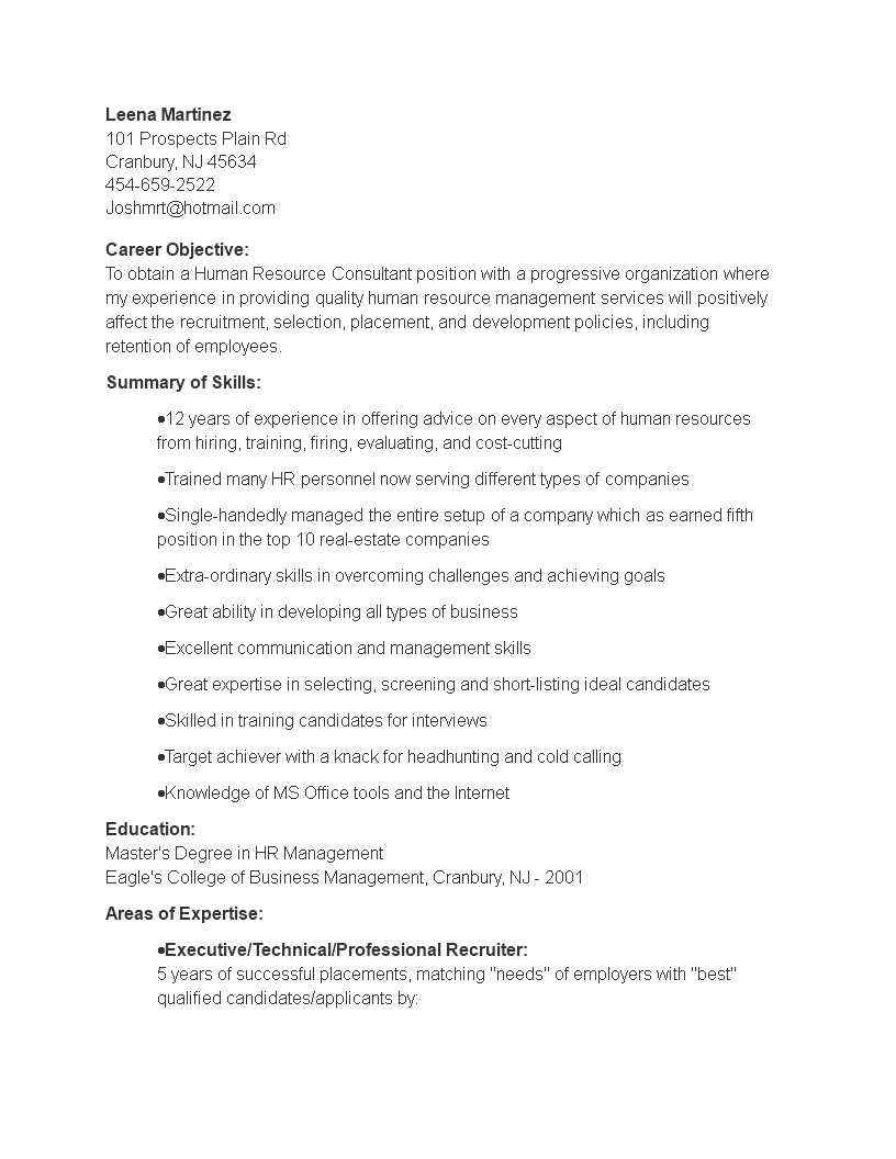 hr consultant resume modèles