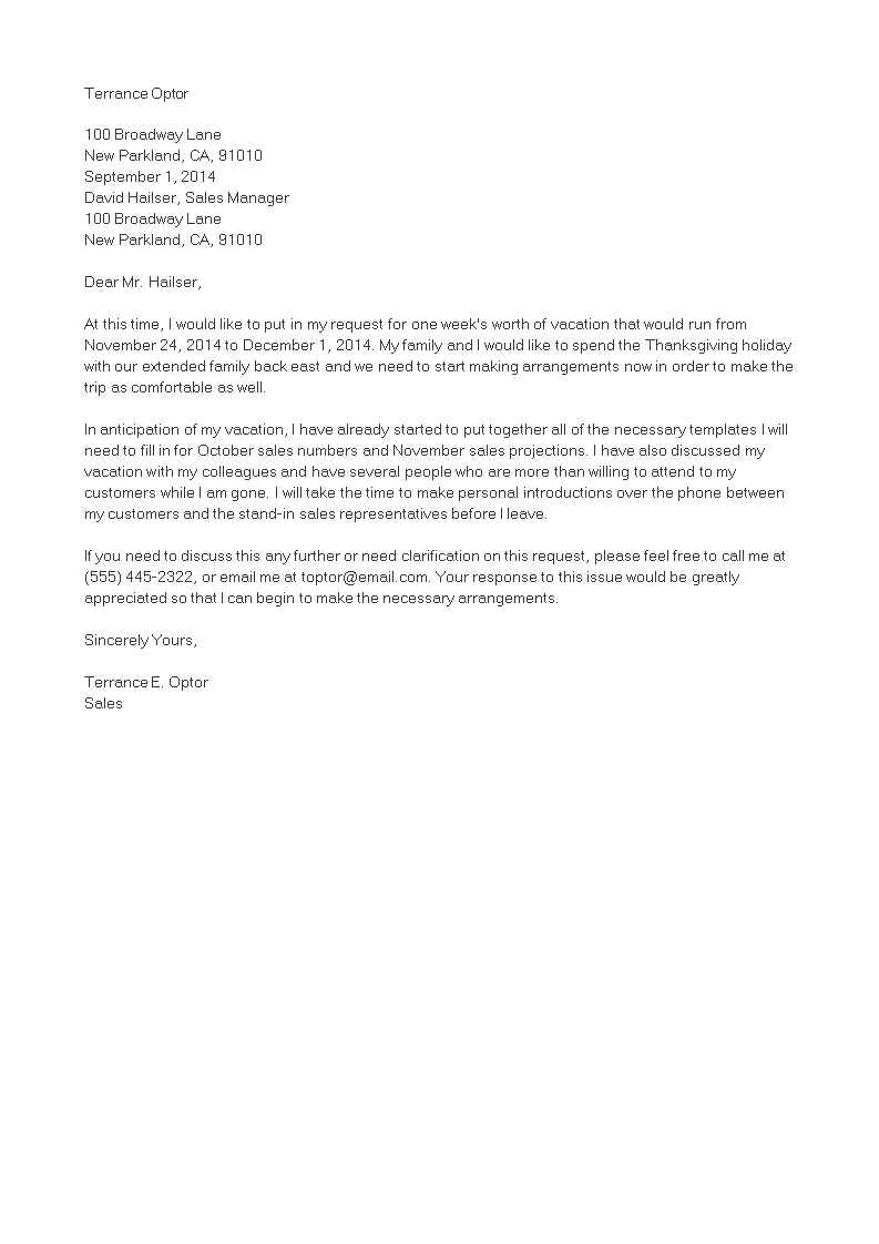 Kostenloses Vacation Leave Request Letter