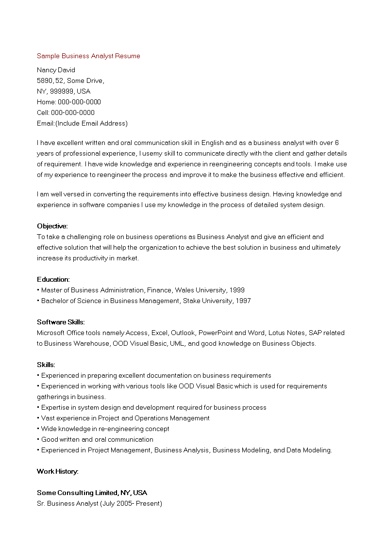 sample business analyst resume template