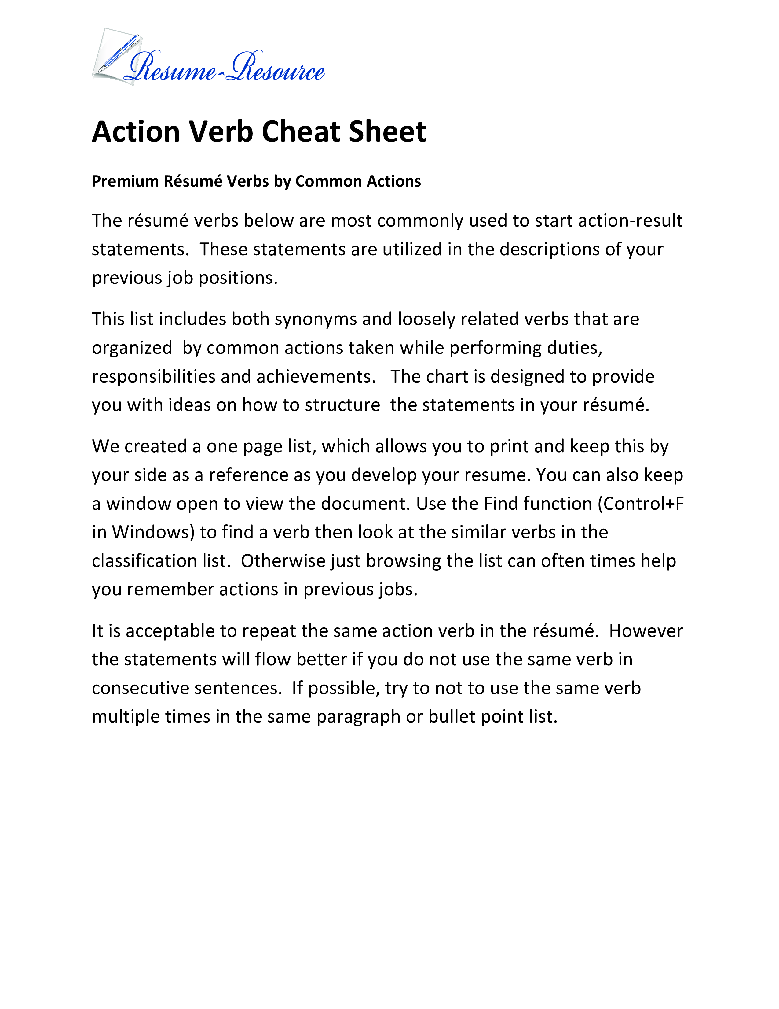 Action Verb Cheatsheet main image