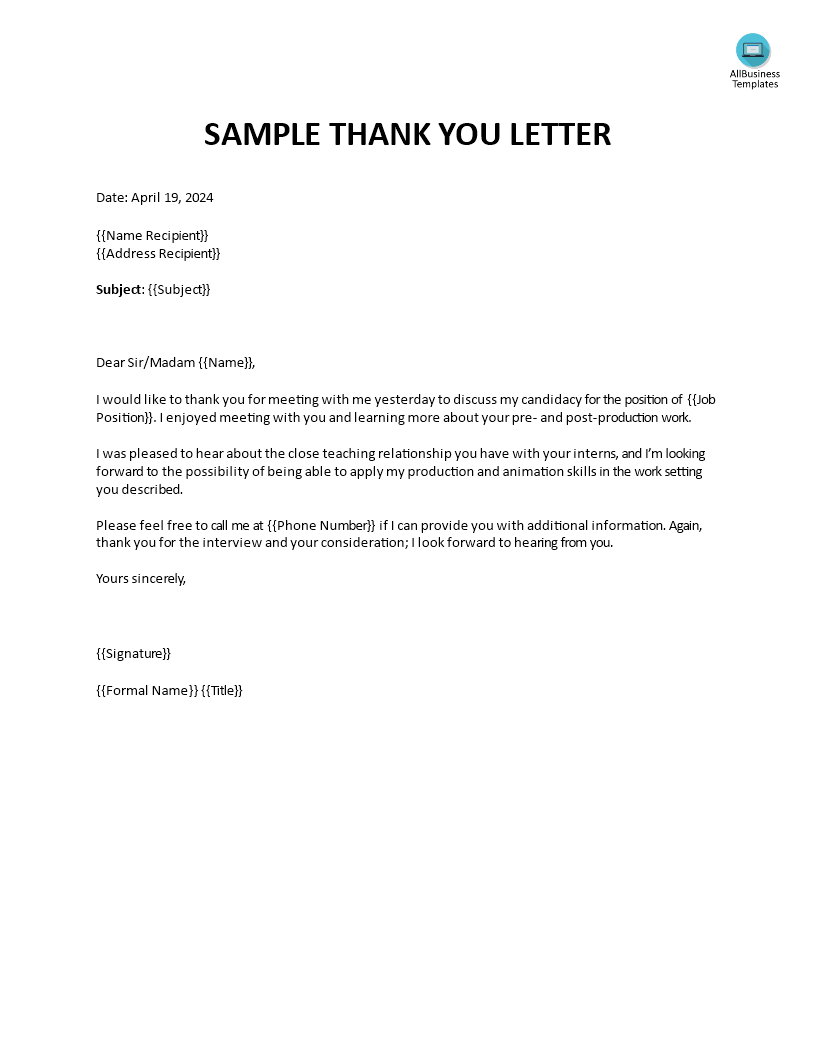 Sales & Marketing Job Interview Thank You Letter main image
