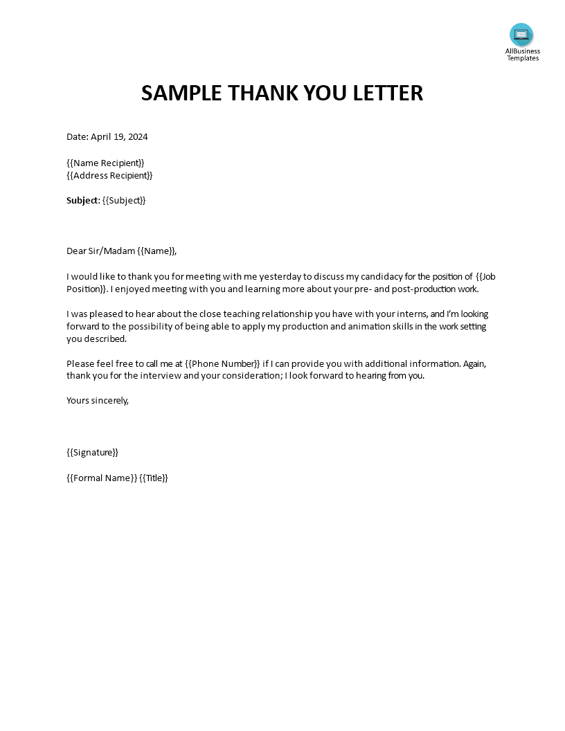 sales & marketing job interview thank you letter Hauptschablonenbild