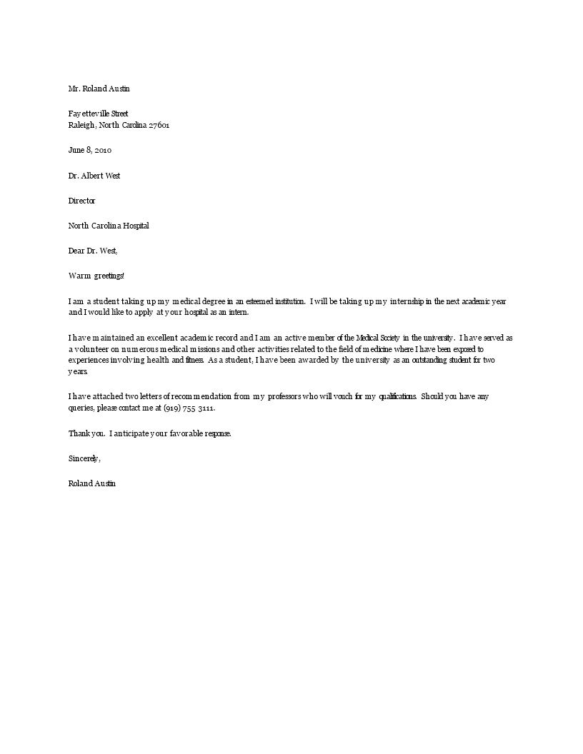 internship request letter for hospital