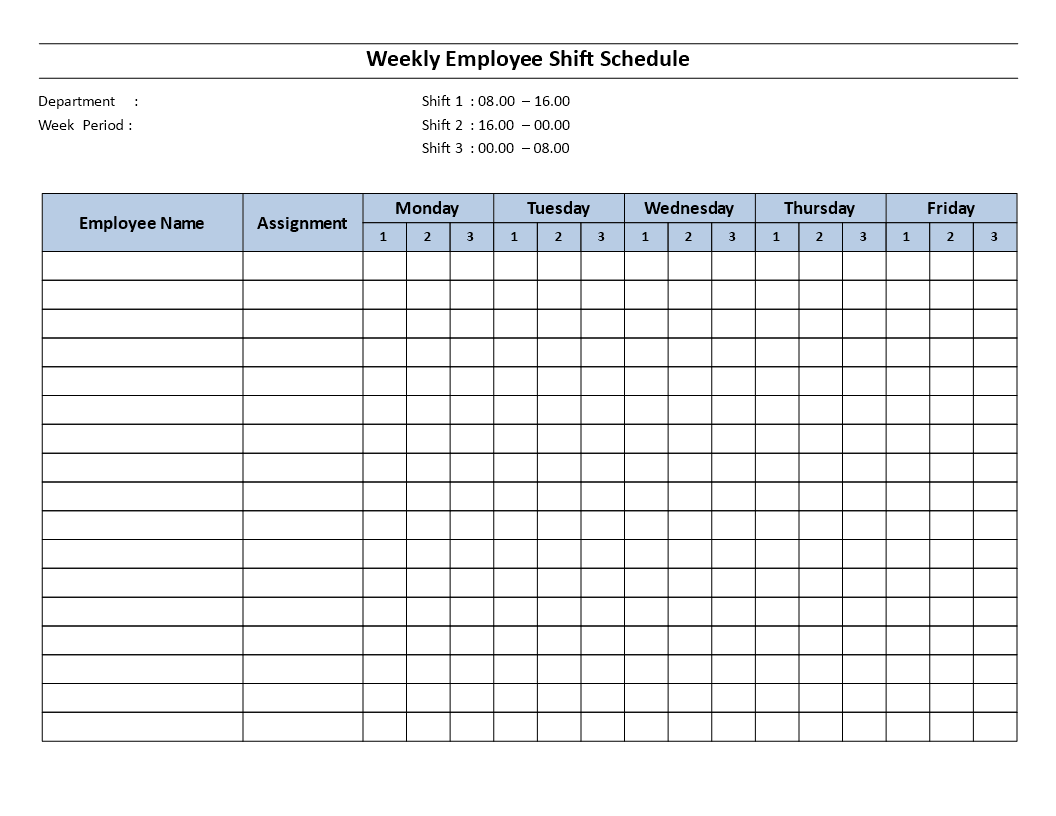 Weekly employee 8 hour shift schedule Mon to Fri | Templates at ...