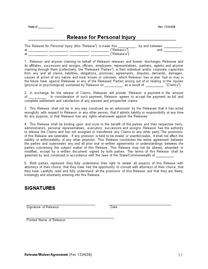 personal injury release waiver agreement template