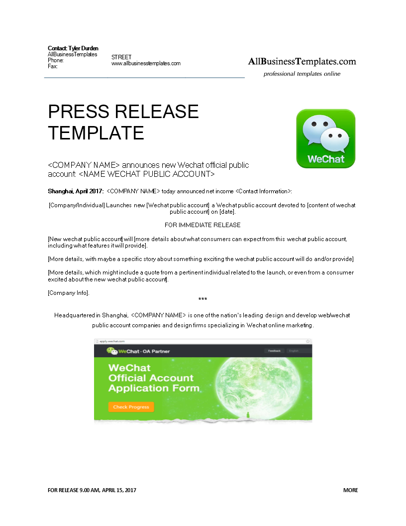 press release new wechat public account modèles