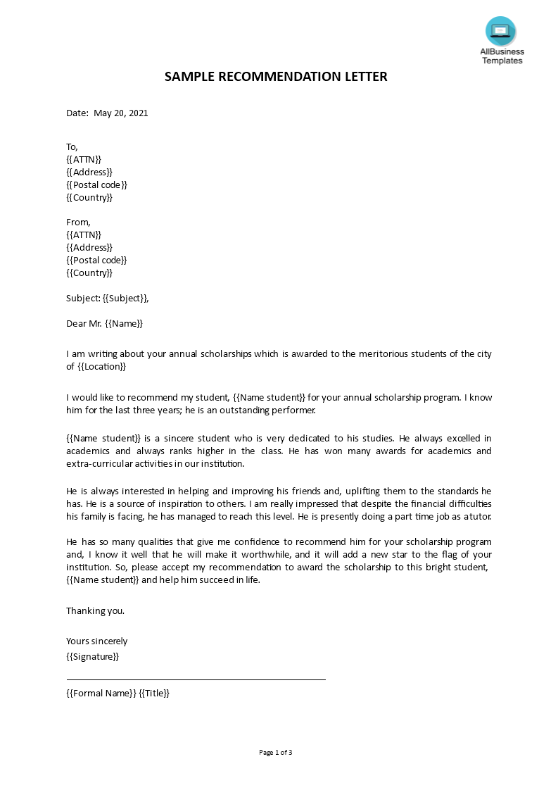 personal recommendation letter Hauptschablonenbild