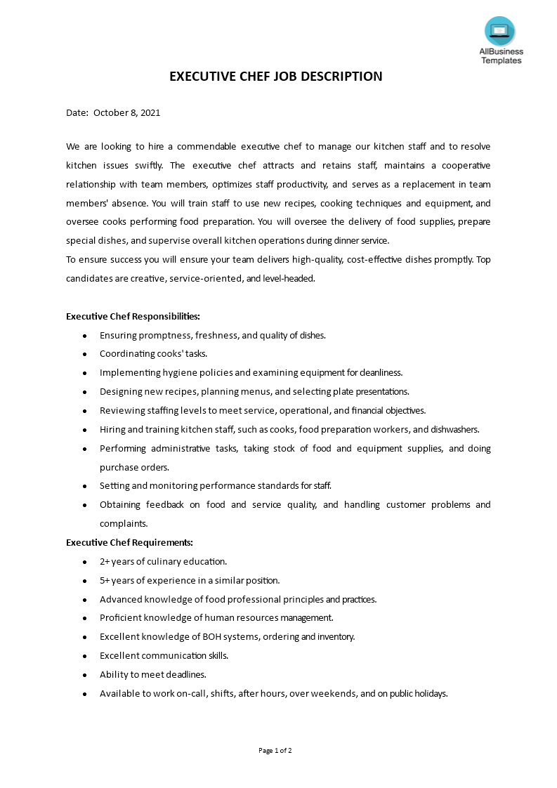 executive chef job description template