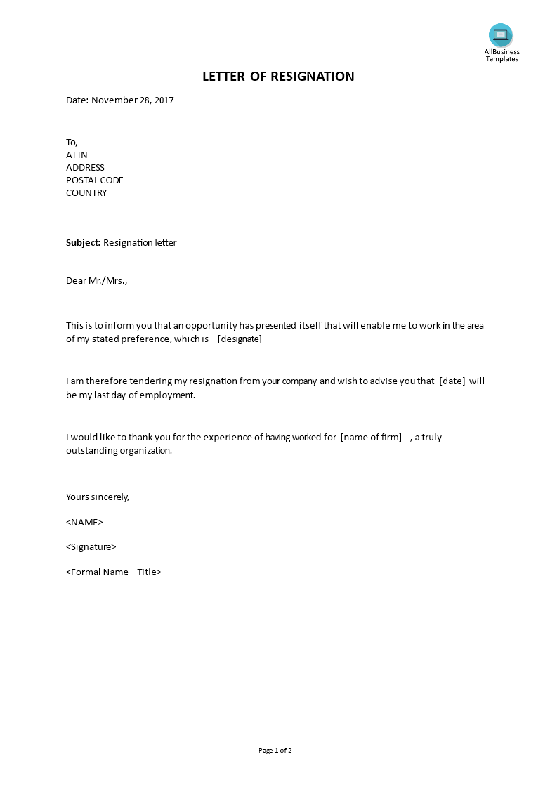 letter of resignation voorbeeld afbeelding 