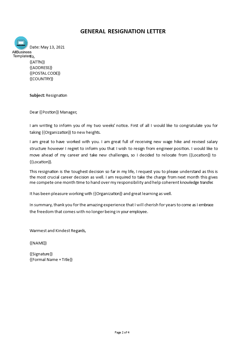 general resignation letter template