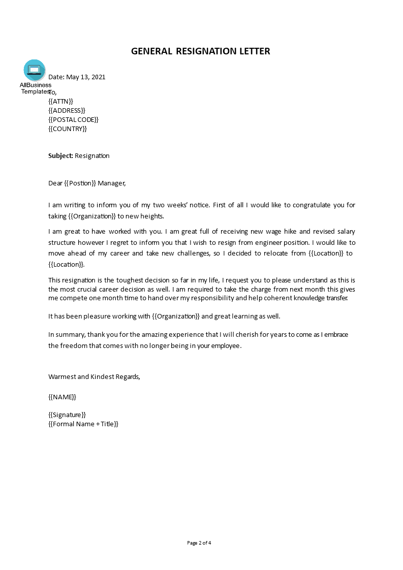 general resignation letter voorbeeld afbeelding 