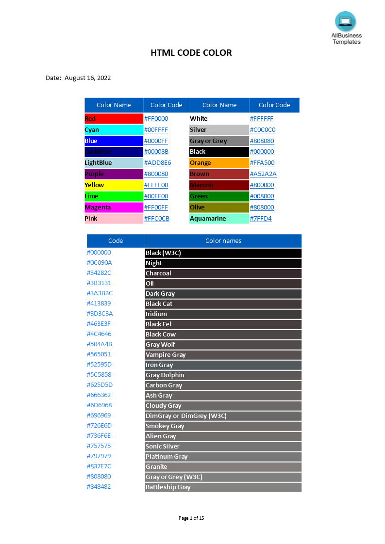 html kleur codes Hauptschablonenbild