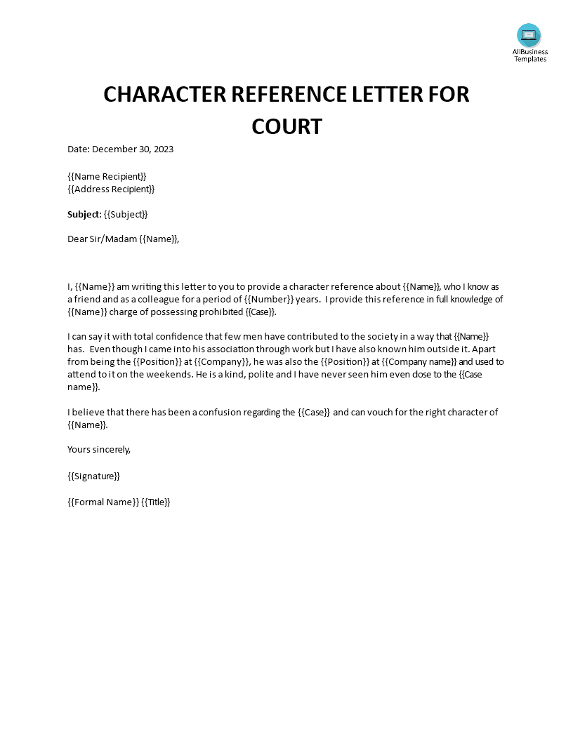 Character Reference Letter for Court  Templates at Intended For Letter To A Judge Template