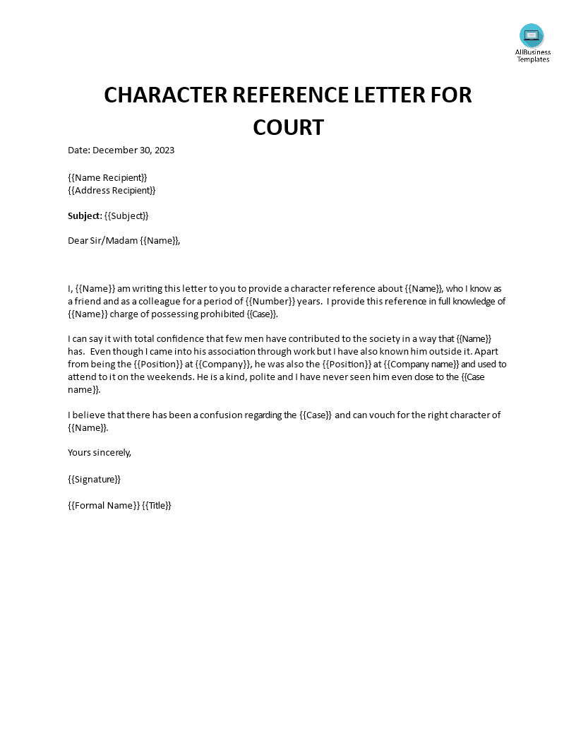 Character Reference Letter For Court Templates At Allbusinesstemplates Com