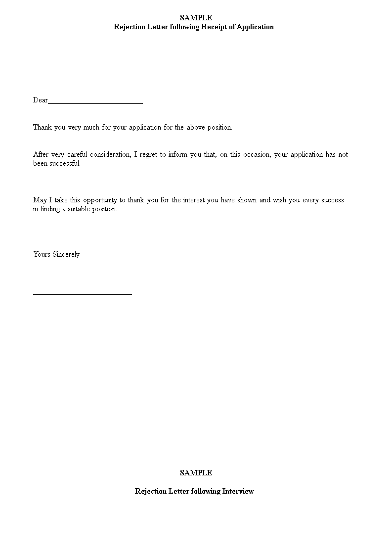 job application refusal letter template