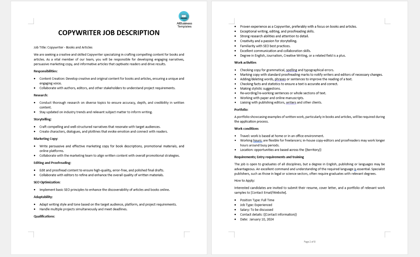 copy writer job description modèles