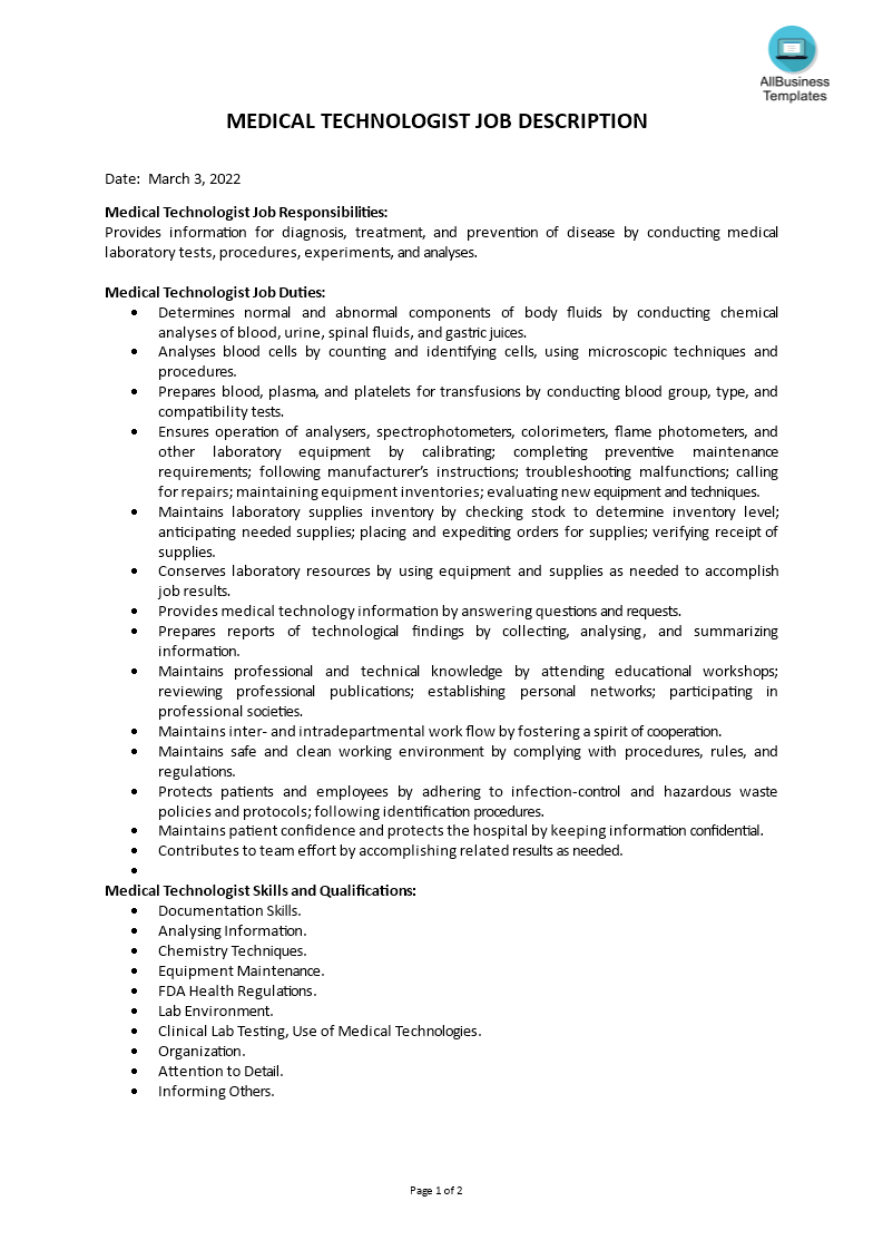 Medical Technologist Job Description Templates At