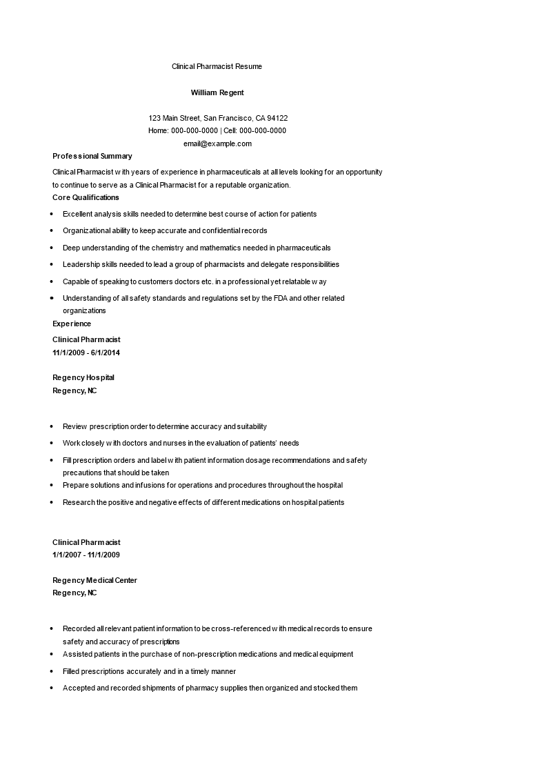 Clinical Pharmacist Resume 模板